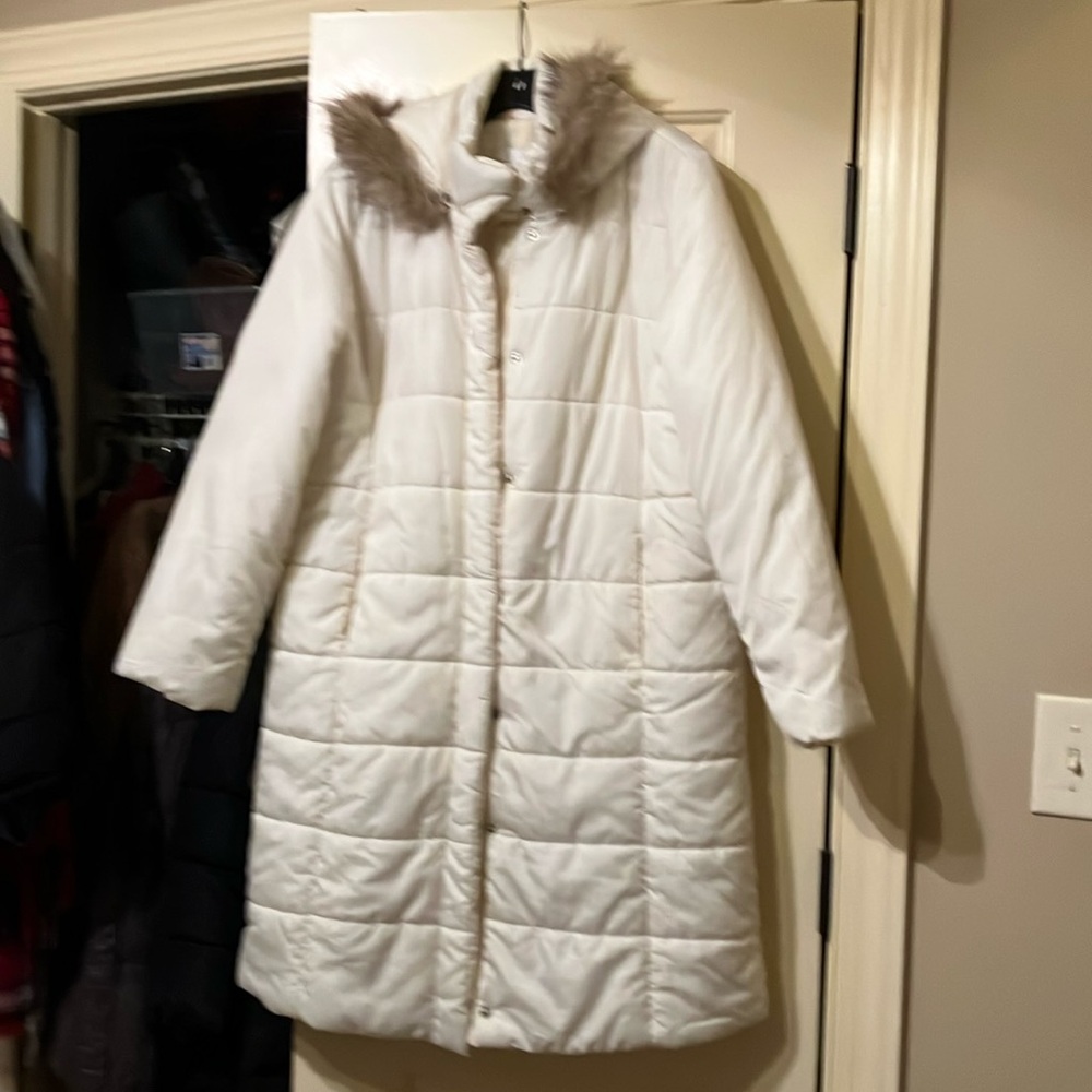 Creamy white puffer coat with fuzzy tan hood